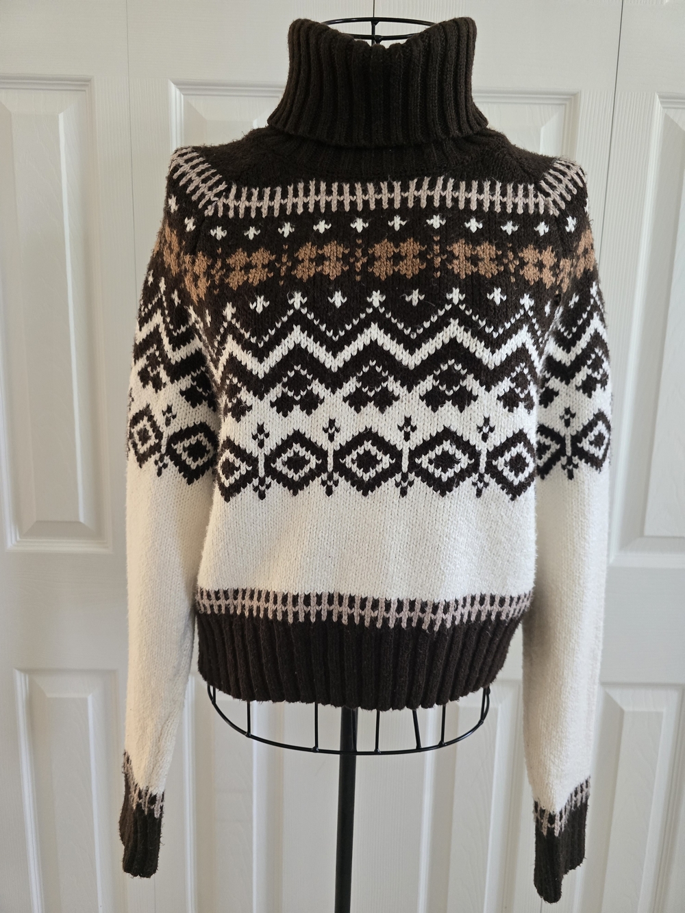American Eagle Outfitters Brown, Cream & Tan Fair Isle Turtleneck Sweater